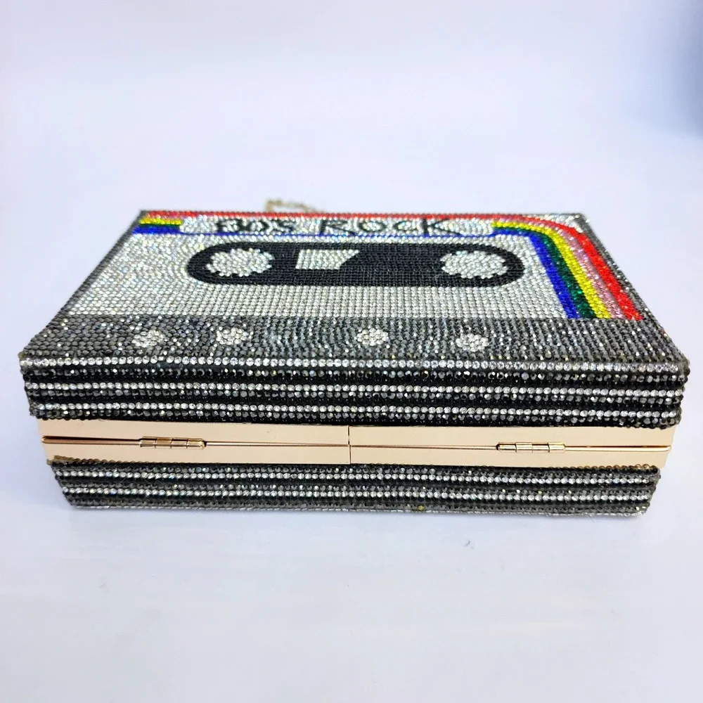 80s Rock Cassette Tape Rhinestone Box Clutch Bag  Crystal Minaudiere Retro